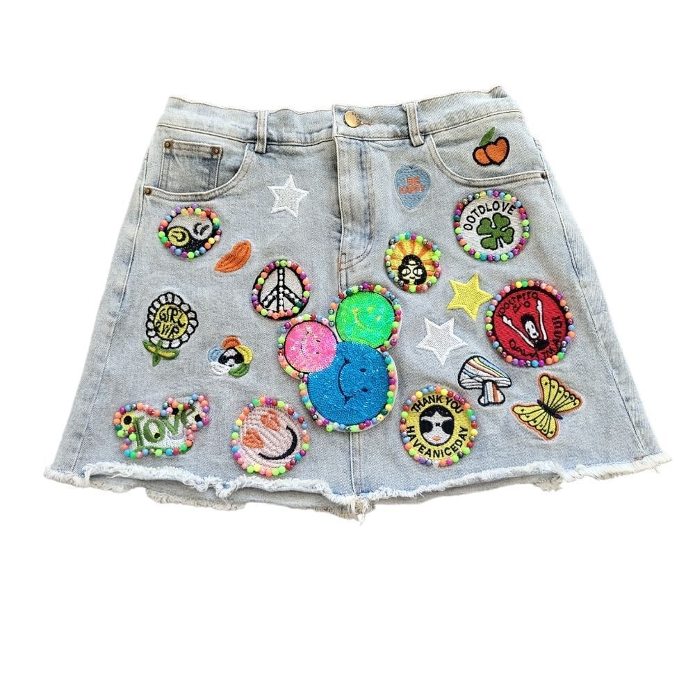EUC fun rare La Ros women's Emoji smile butterfly love star jean skirt, M